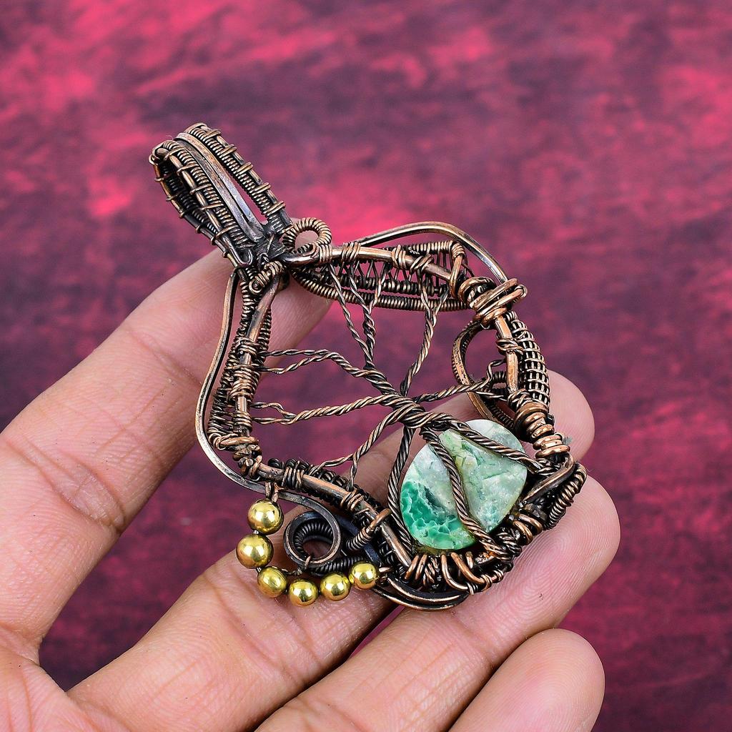 Tree Of Life Variscite Gemstone Pendant Copper Wire Wrapped Handmade Jewelry