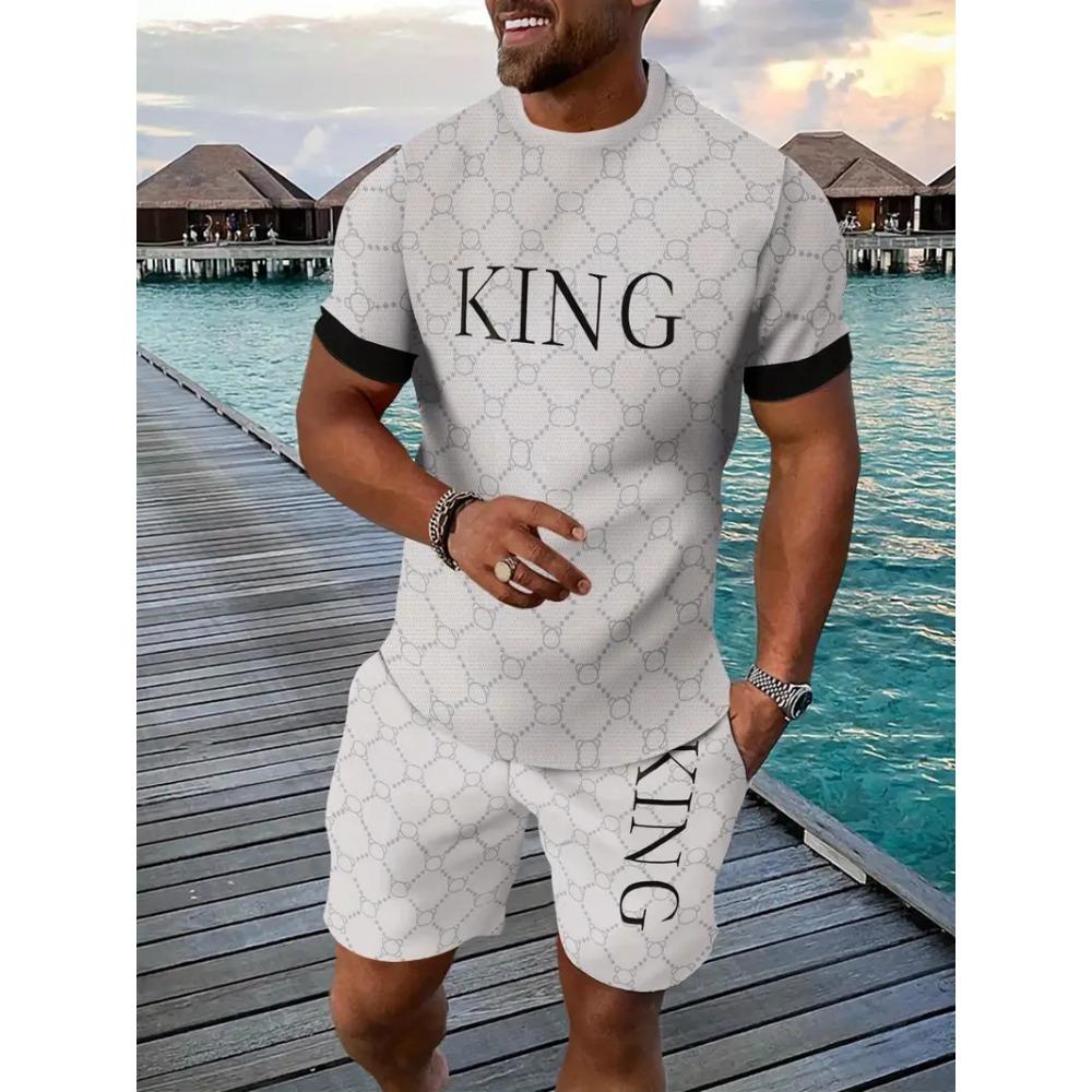 Summer Men's Clothing Letter Print Short Sleeve Top Men's Elastic Waist Shorts 2-piece Set Plus Size T Shirts Shorts Set