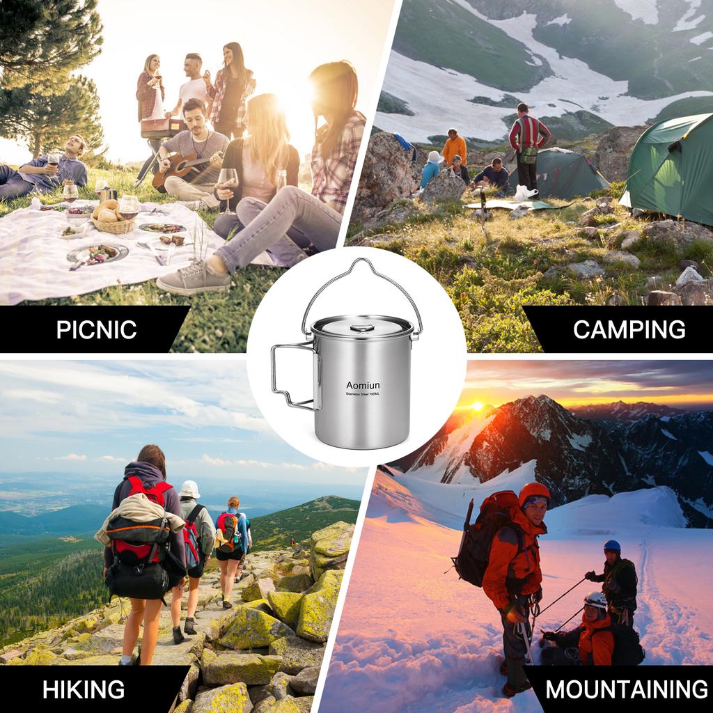 Aomiun 750ml Stainless Steel Pot Portable Water Mug Cup with Lid and Foldable Handle Outdoor