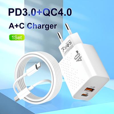 [EU] Dual USB C 40W Fast Wall Charger, Type C Wall Adapter Plug Qc4.0, With 100.58cm Type C Cable For IPhone 16 1514 13 12 Pro Max  For IPad Airpod