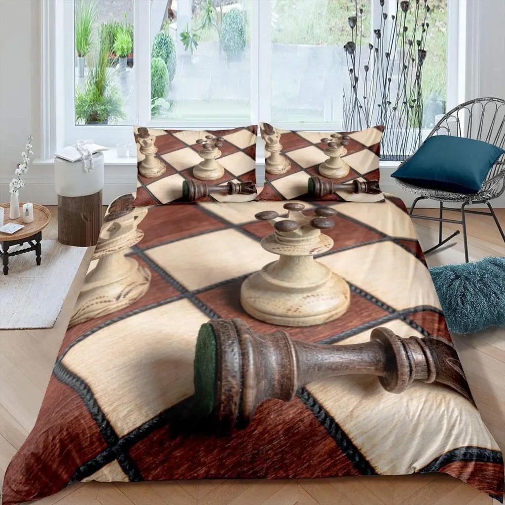Chess Duvet Cover Set Chess Sports Games Bedding Sets Buffalo Plaid Check Comforter Cover Flowers Checkerboard Quilt Cover Queen