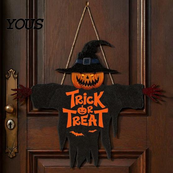 Halloween Window Decoration Wooden Hanging Door Sign, Scarecrow Pumpkin Wizard Ornament, Trick or Home Ornament Treat Plaque, Rustic Party Wall