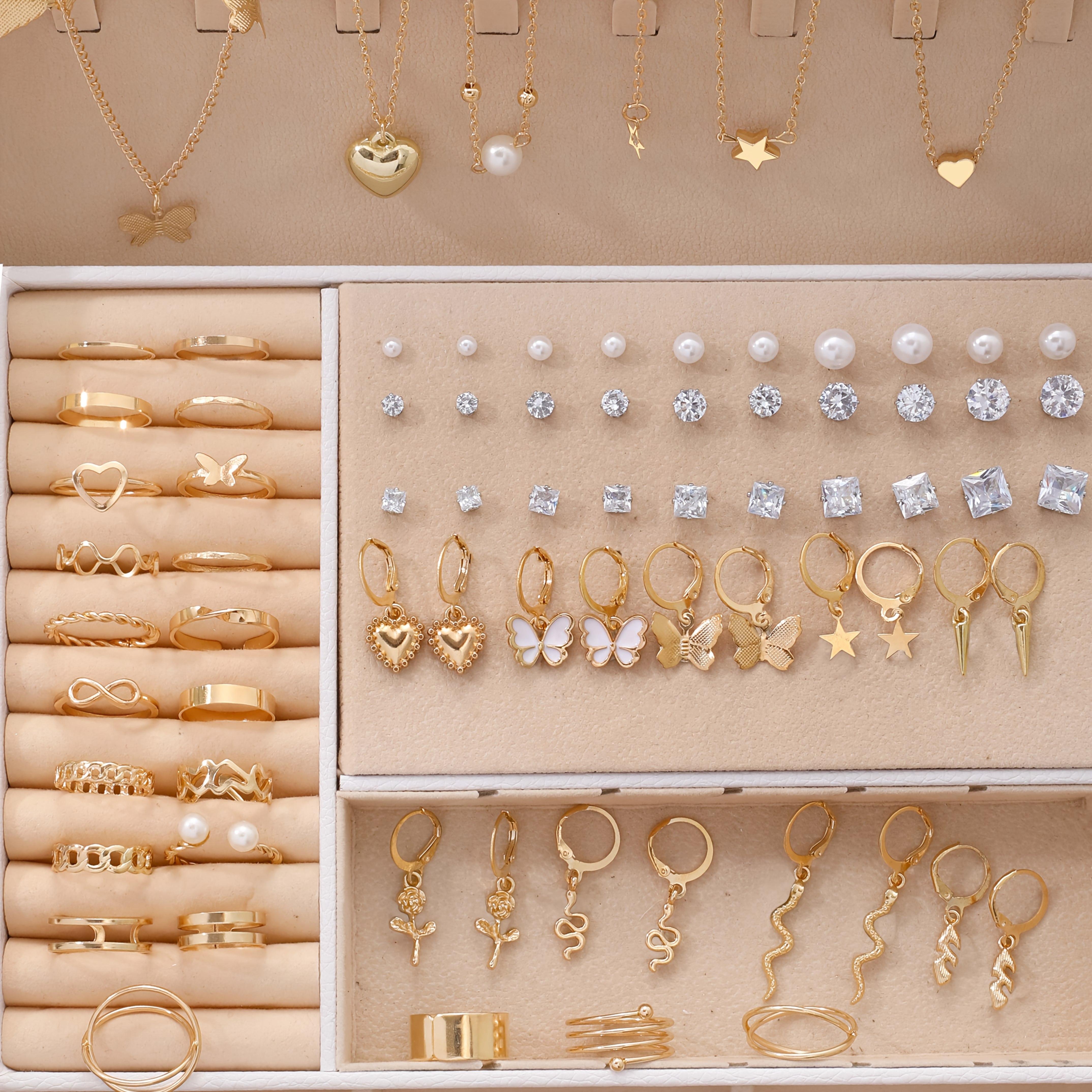 

70 шт. Изысканные подвески в форме бабочки, звезды, сердца, змеи, кольцо, серьги, ожерелье, набор колец, женские, для повседневной носки, для вечеринки, циркон золотистый