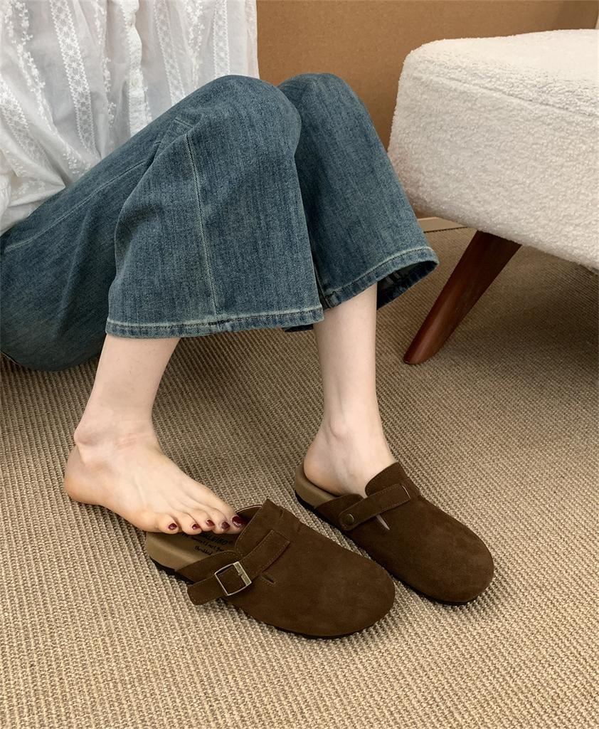 Inner height increase Mori matte leather slippers ugly cute bag head lazy half drag small man one pedal slippers 2025