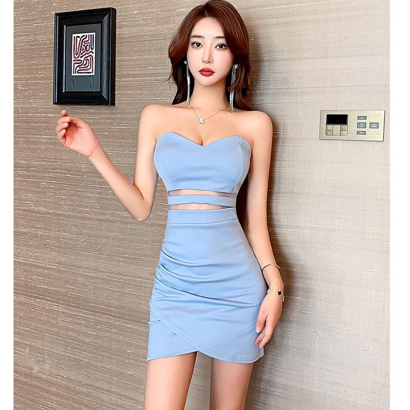 Elegant Strapless Bodycon Dress with Pleated Waist - Women's Autumn/Winter Style
