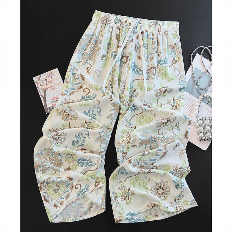Women's Floral Drawstring Wide-Leg Casual Pants