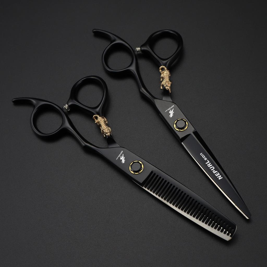 6.0 Inch Nimpson, Lacquered Black Bearing Screws, Flat Scissors, Hair Scissors, Straight Scissors, Tooth Scissors, Small Golden Tiger