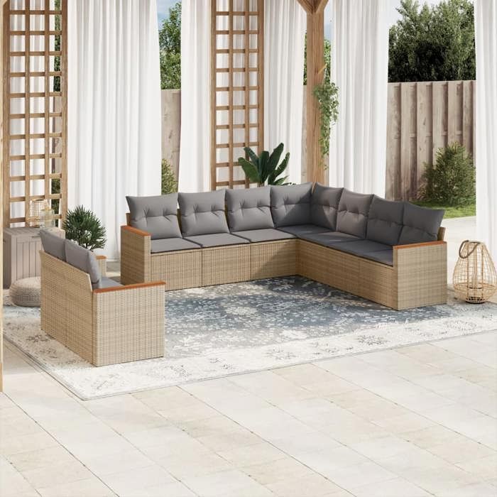 VidaXL Salon de Jardin avec Coussins 9 pcs, Canapés de Terrasse, Ensemble de Meubles de Patio, Mobilier d'Extérieur, Beige 3258503