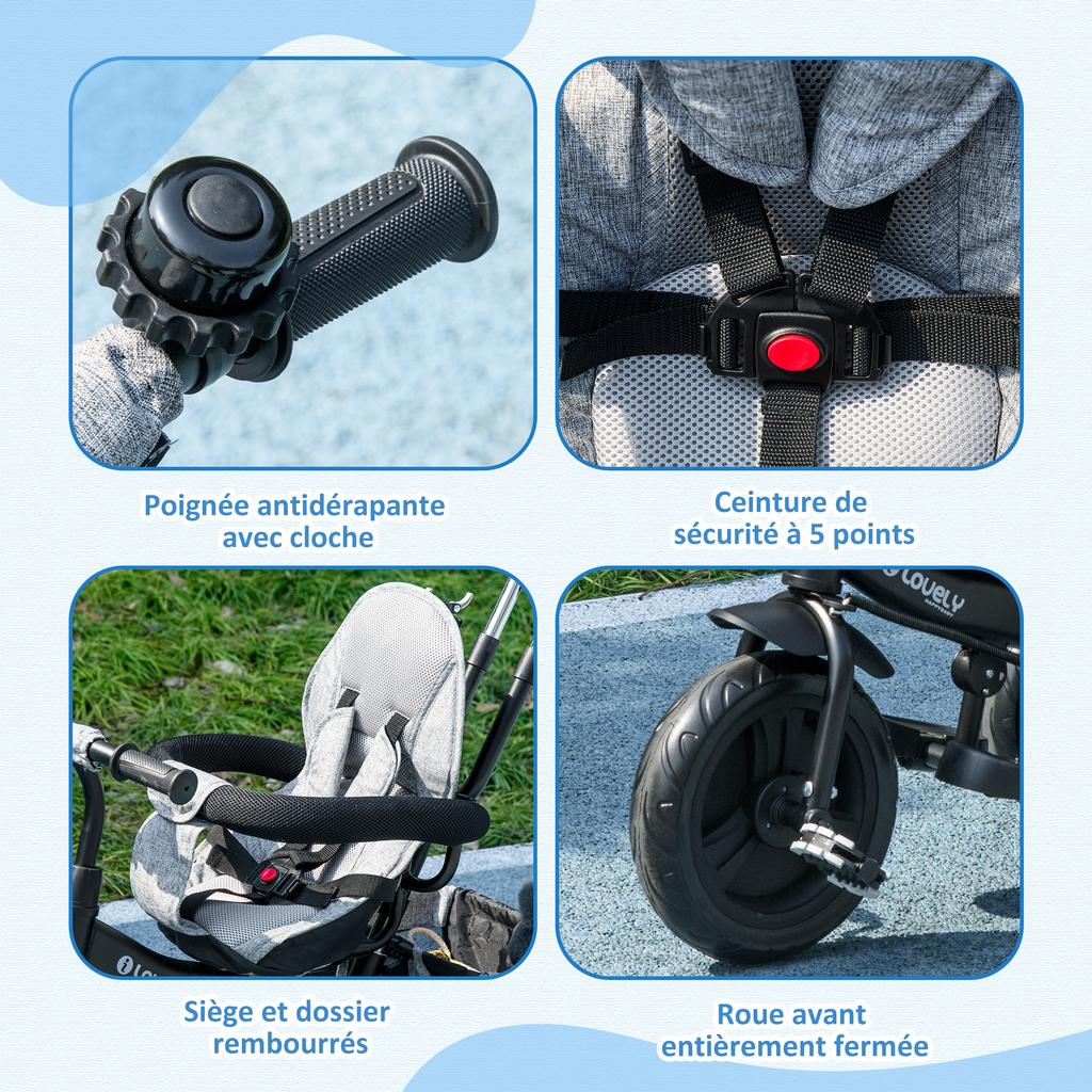 Children's Tricycle, Folding Sunshade, Telescopic Handle, 95x50x106 Cm, Steel, Grey/Black