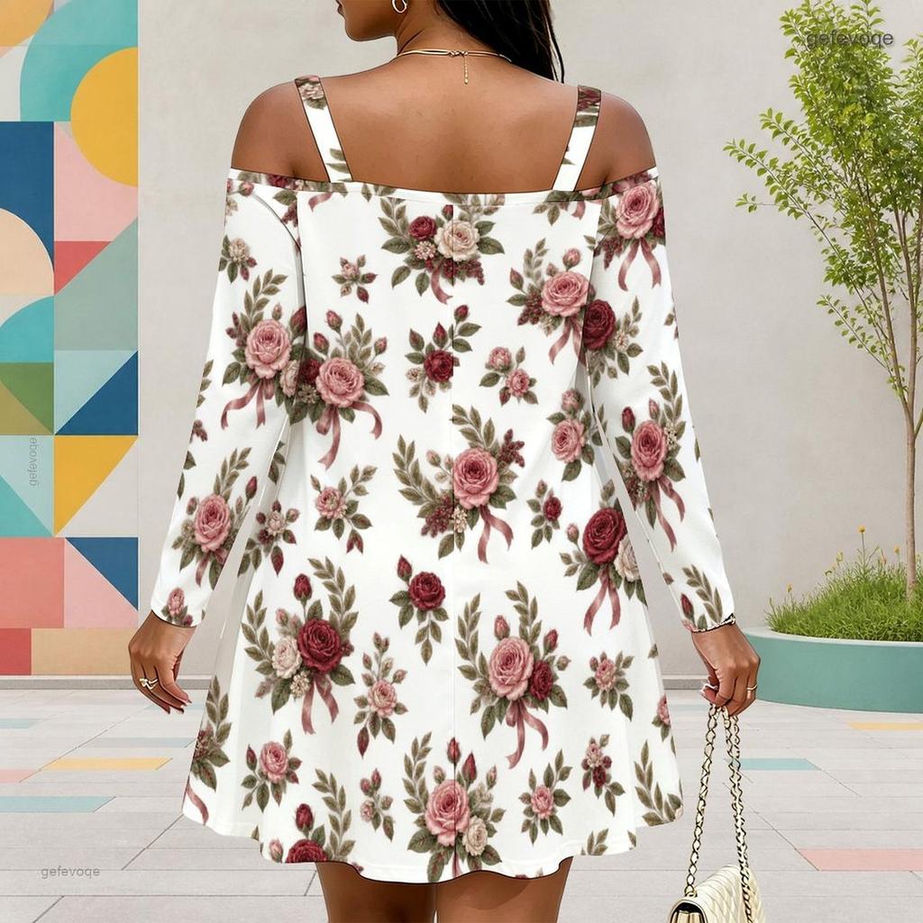 Women Plus Size White Floral Printed Cold Shoulder Long Sleeve Dress