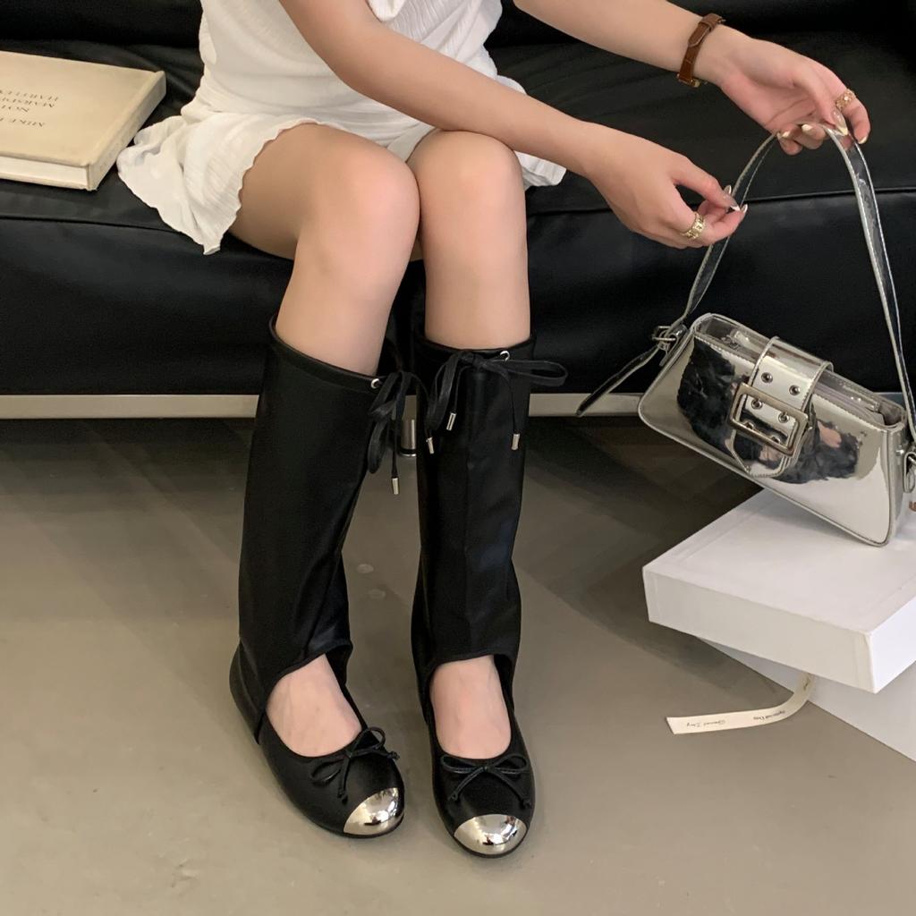 Niche Design Round Head Mary Jane Shoes Women's Strap Bow Shallow Mouth Flat Ballet Shoes Summer Sandals Cool Boots