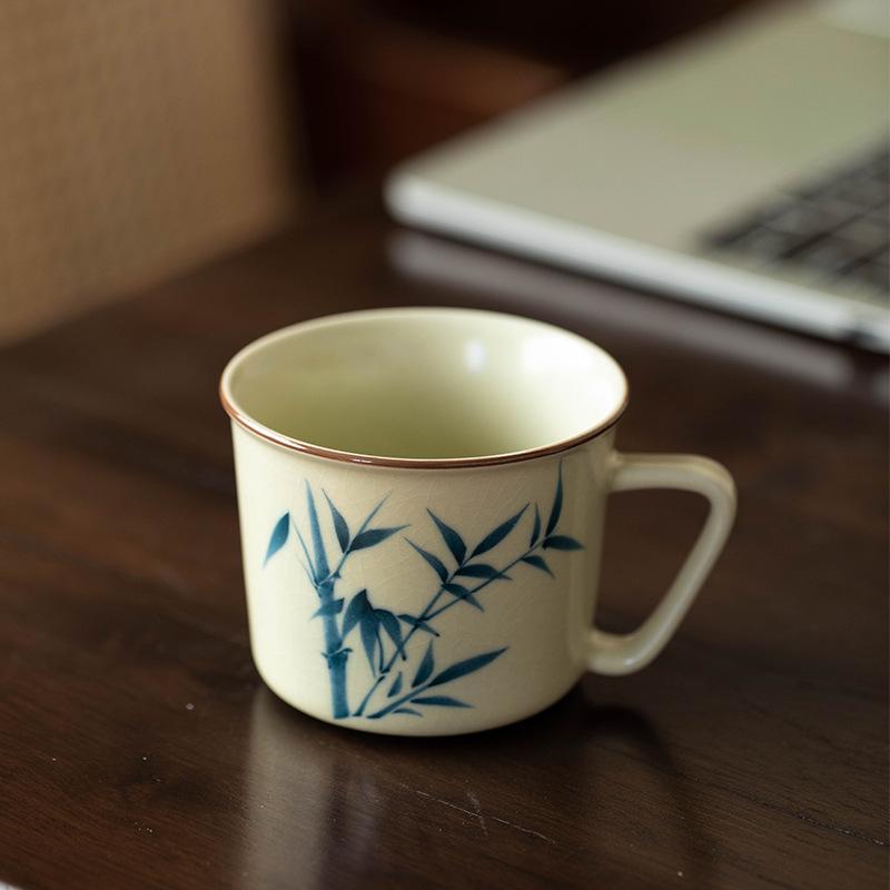 Huang Ru Kiln pure hand-painted bamboo teacup master cup ceramic high-end tea teapot cover bowl tea cup kung fu tea set
