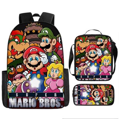 Cartoon Mario Print Kids Backpack Set of 3 for School, Large Capacity Casual Bookbag for Boys Girls