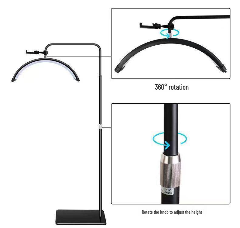 24-inch Half-Moon LED Beauty Lamp for Embroidery, Nail Art, Eyebrow & Eyelash Application - U-Shaped, Floor-Standing Eye Protection Fill Light