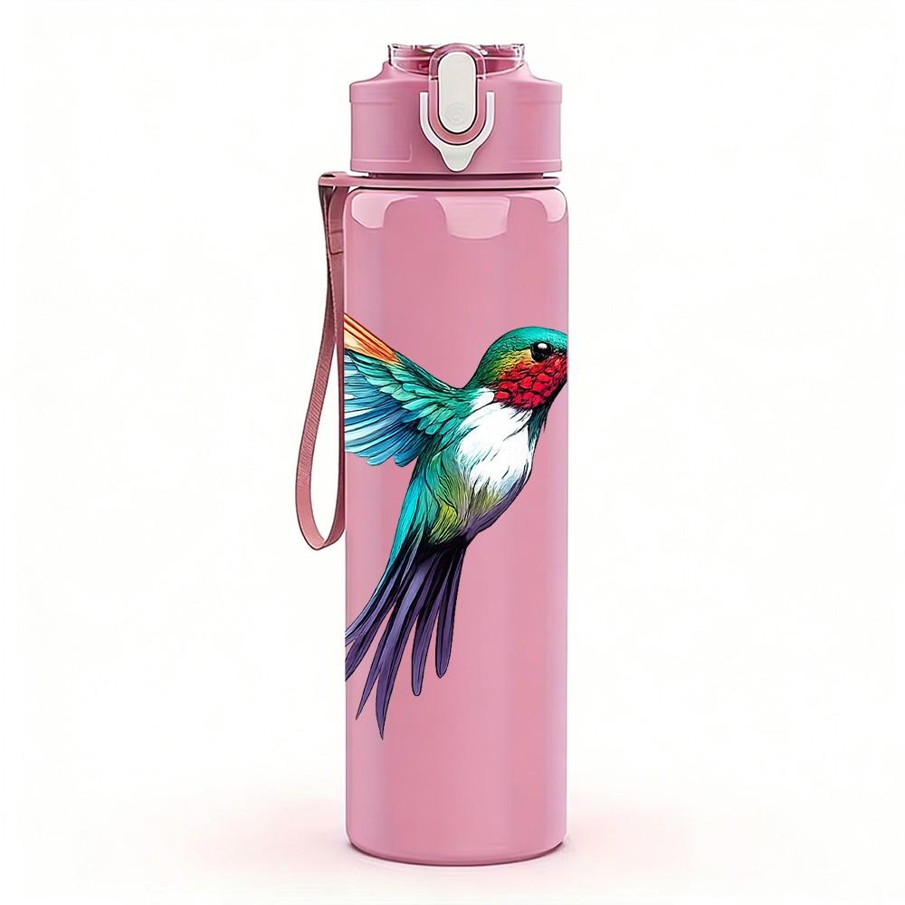 1PC Colorful Hummingbird Bird Art Print 750ml Color Plastic Sports Water Bottle Leakproof Flip Straw Lid Suitable for Sports Office Home Use