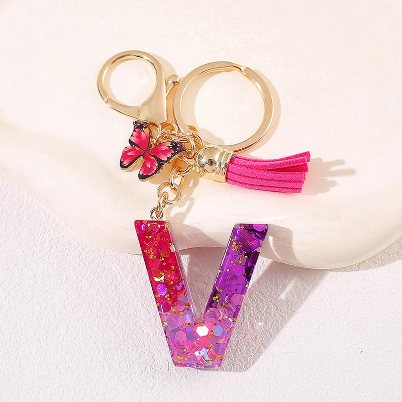 Glitter A-Z Shiny Sequin Letter Pendant Keychain Tassel Star Ball Charms Keyrings Women Bag Ornaments Car Trinket Accessories