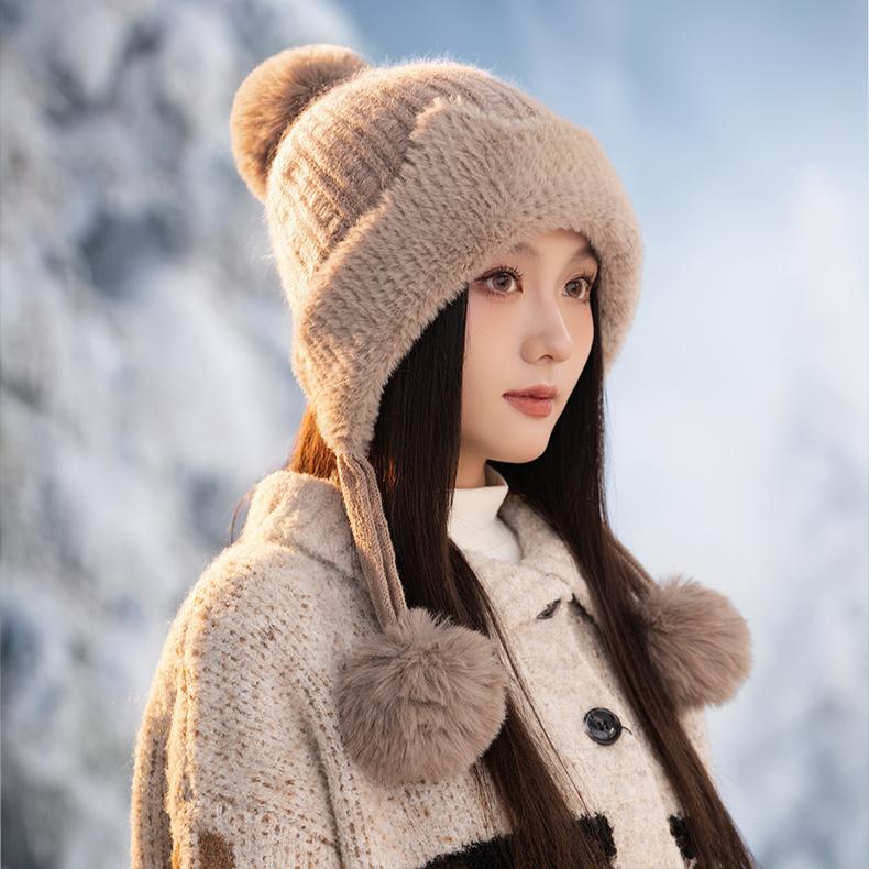 Women's Autumn and Winter New Plush Ear Pullover Hat Outdoor Leisure Warm Hat Wool Hat