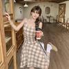 Vacation-style Tattooed Color-block Dress for Women, Early Spring New Korean Vintage Irregular Hem Slip Short Skirt
