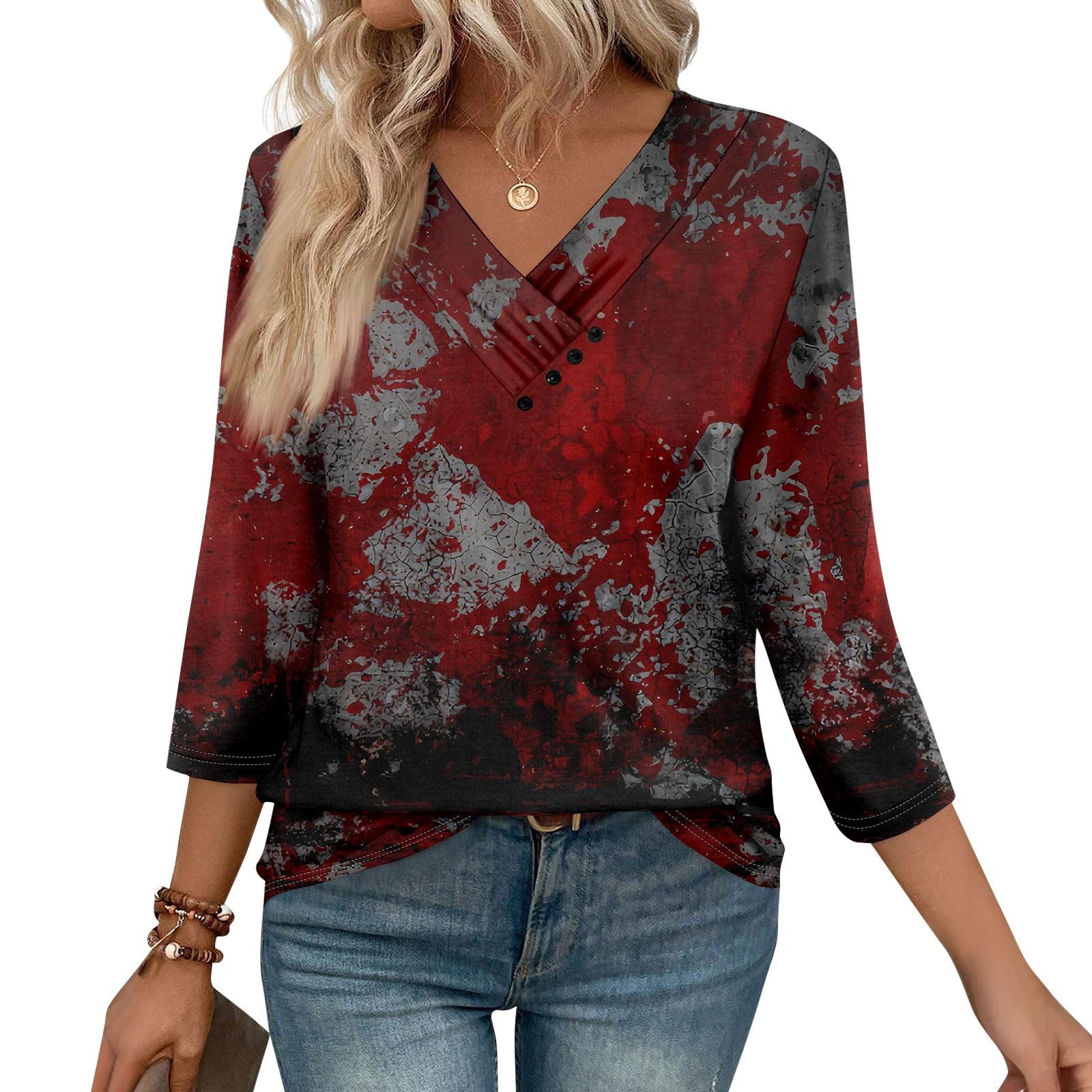 

Женские футболки с рукавом 3/4 для повседневной носки и выходных, с V-образным вырезом, повседневные, с принтом, свободного кроя, плиссированные, рубашки на пуговицах XL киноварь