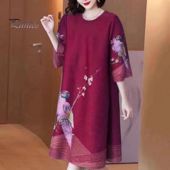 Retro Print Dress Women Summer Three Quarter Sleeves Loose Parrot Ice Printed Silk Knee Length Pullover Party Commute Office Midi O Neck