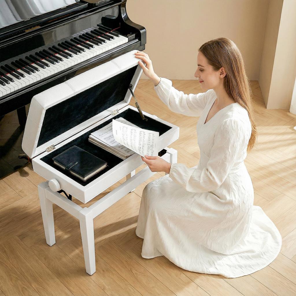 Piano Bench Stool, Storage, Adjustable Height, Hevea Wood, White