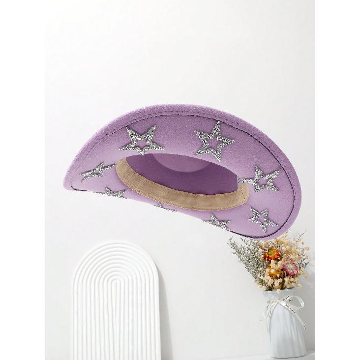 

Jazz Fedora Western Cowboy Hat Star Pattern Holiday Party Bridal Stage Performance Woolen Hat темно-фіолетовий колір