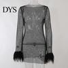 Sexy Evening Dress Glitter with Fur-Trimmed Cuffs Round Women Neckline Long Sleeves See-through Slim Fit
