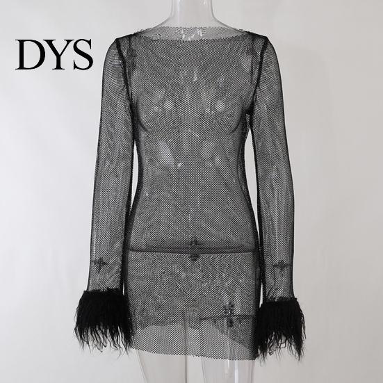 Sexy Evening Dress Glitter with Fur-Trimmed Cuffs Round Women Neckline Long Sleeves See-through Slim Fit