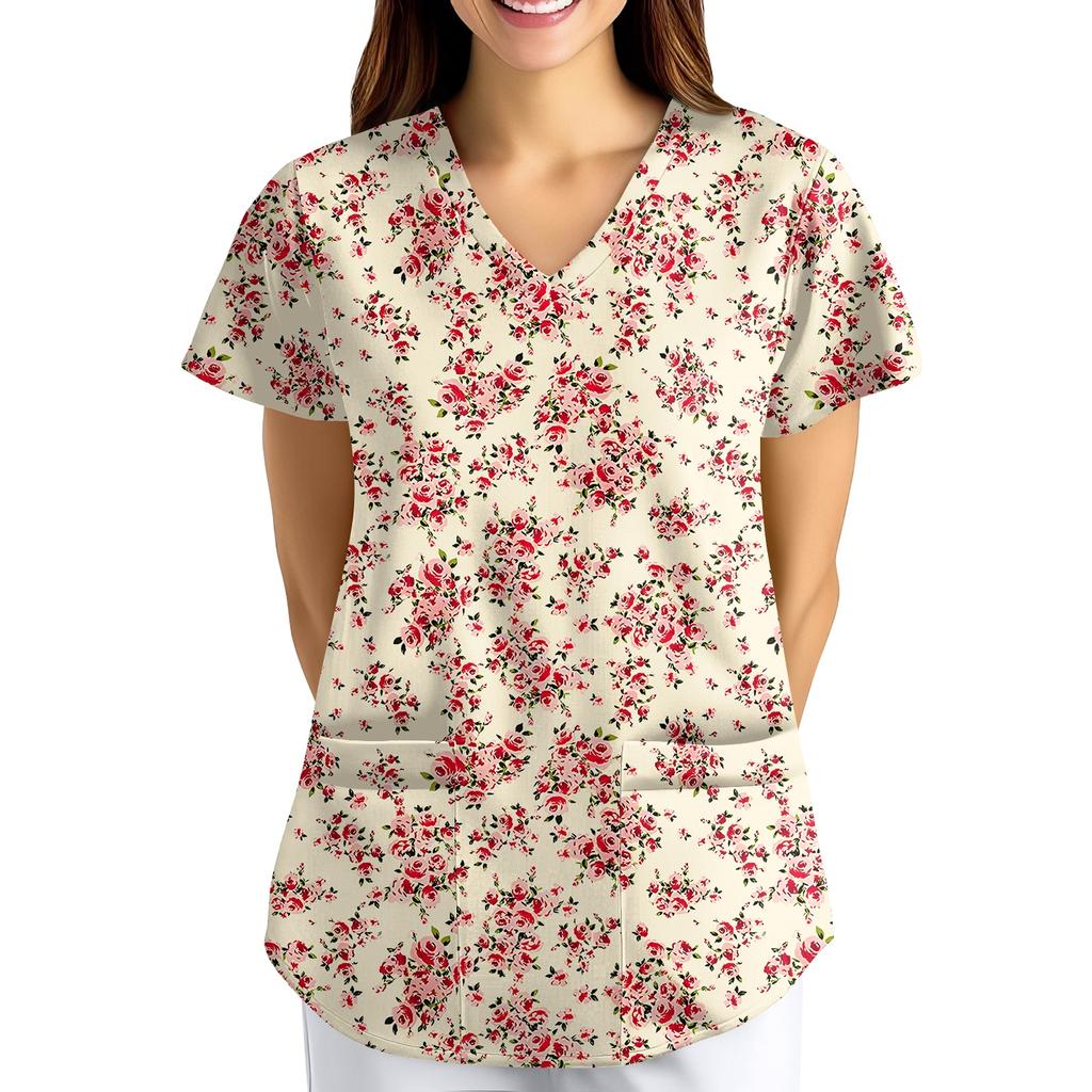 Nadměrná velikost Potištěný pracovní oděv Halenky pro dámský překřížený výstřih do V Potisk Krátký rukáv Zábavná trička Pracovní oděv Tričko s kapsami