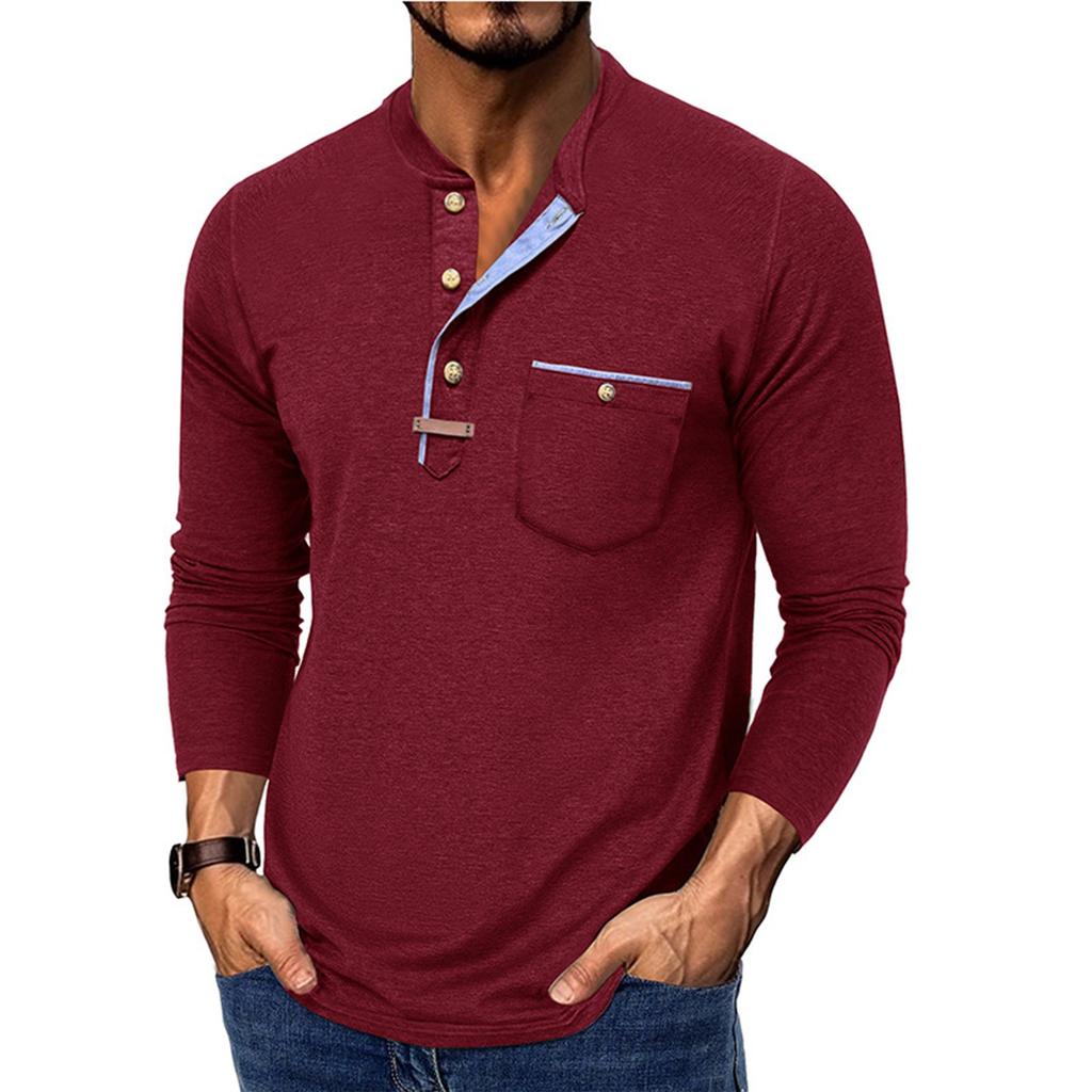 Men's Spring And Solid Color T-shirt Lapel 3 Button Open Placket Button Long Sleeved Top