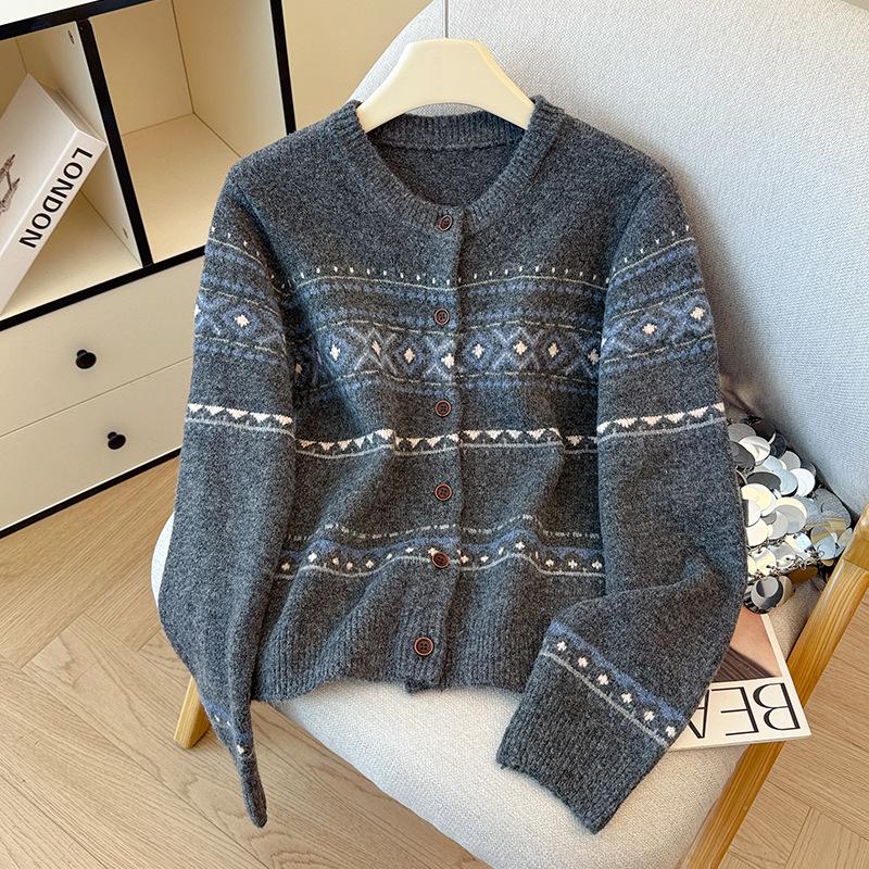 Women's 2026 Autumn/Winter Retro Jacquard Color Block Knitwear Cardigan