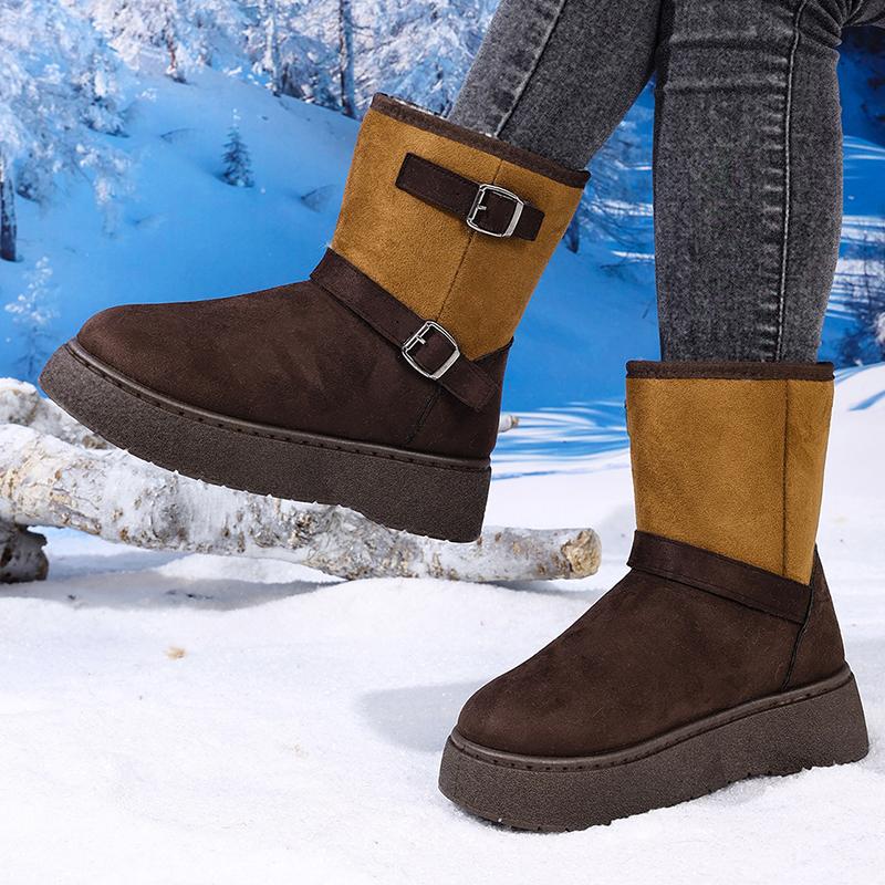 Fashion Fashion Mixed Color Platform Snow Boots Women Faux Suede Thick Plush Ankle Boots Woman Buckle Decor Thick Sole Cotton Shoes