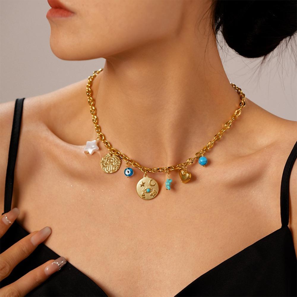 Turquoise Shell Starfish Necklace Titanium Steel Starfish Beach Earrings Women Daily