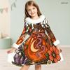 Girls High Neck Furry Trim Long Sleeve Halloween Tiger Printed A Line Flared Dress