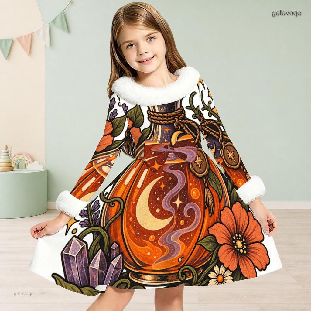 Girls High Neck Furry Trim Long Sleeve Halloween Tiger Printed A Line Flared Dress