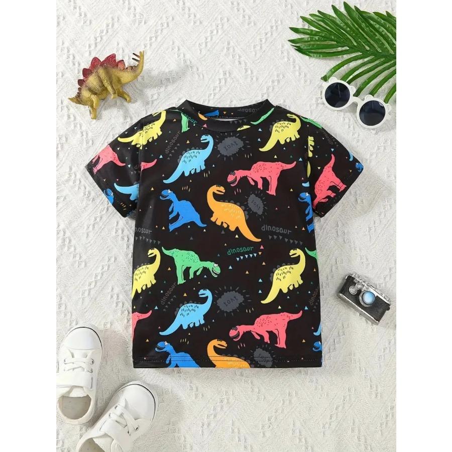 Dinosaur Boys' T-Shirt Colorful Cartoon Print Summer Short Sleeve Tops Fashion Pullover Tees Outdoor Casual Children's Clothing