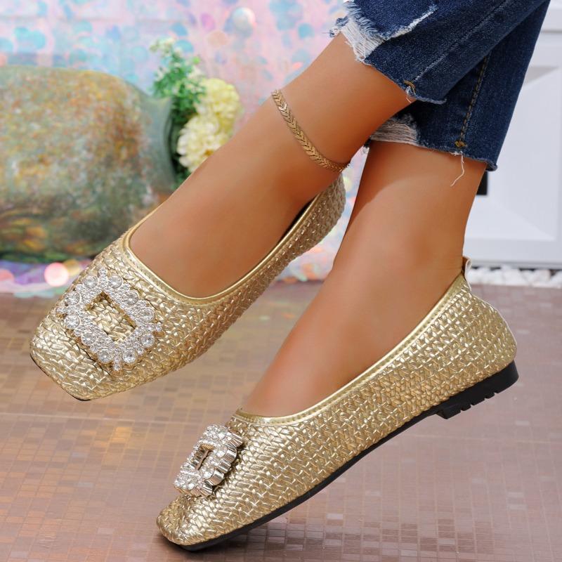 Gentle flat shoes spring new shallow mouth rhinestone square head temperament single shoes women