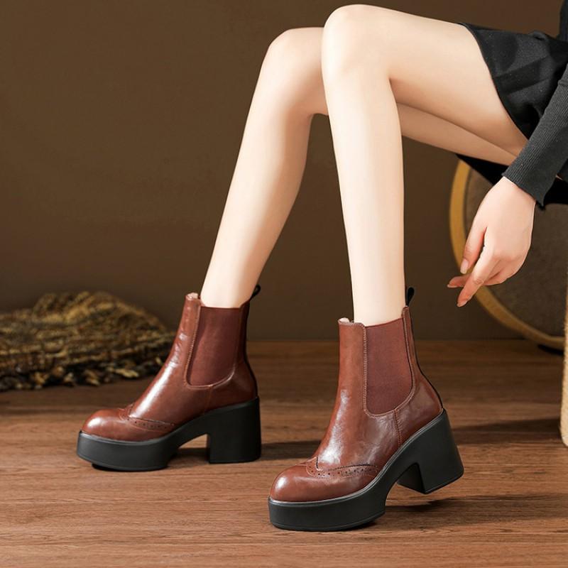 Womens Brown Leather Chelsea Boots Chunky Heel Platform Ankle All