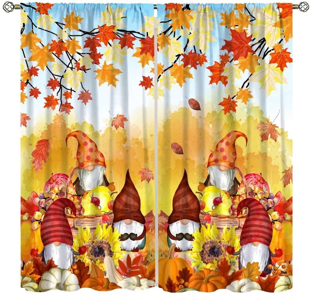 Fall Curtain Gnomes Autumn Thanksgiving Watercolor Maple Leaf Pumpkin Window Drapes Kitchen Living Room Treatments Curtains Polyester Great Treatment