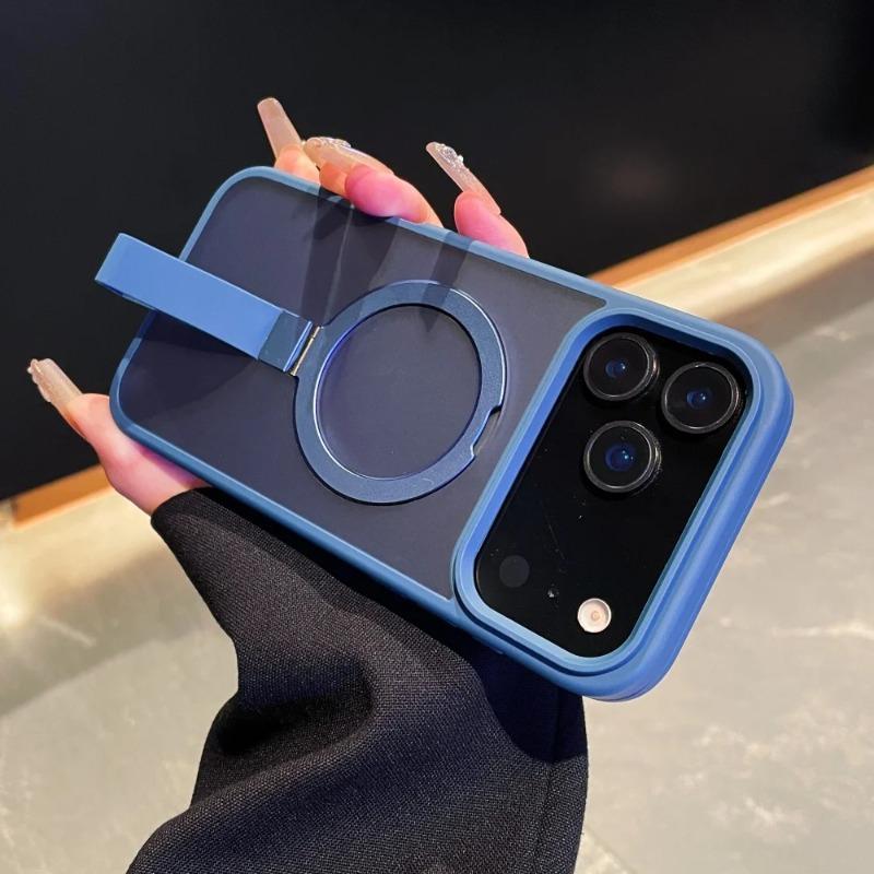 Luxury Matte Metal Ring Magnetic Stand Holder Case For iPhone 17 Pro Max 16 15 14 13 12 11 17Air Transparent Wrist Strap Cover