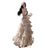 New French Holiday Style Print Neck Chiffon Cake Long Dress Women's Collar Dress Summer Super Fairy Photo