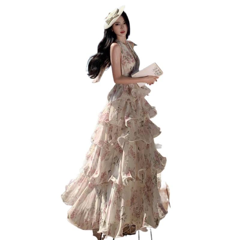 New French Holiday Style Print Neck Chiffon Cake Long Dress Women's Collar Dress Summer Super Fairy Photo