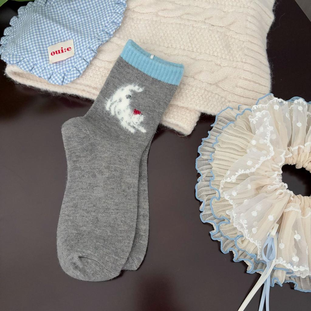 Ladies Autumn Winter Thick Warm Bow-dotted Wool Mid Tube Socks