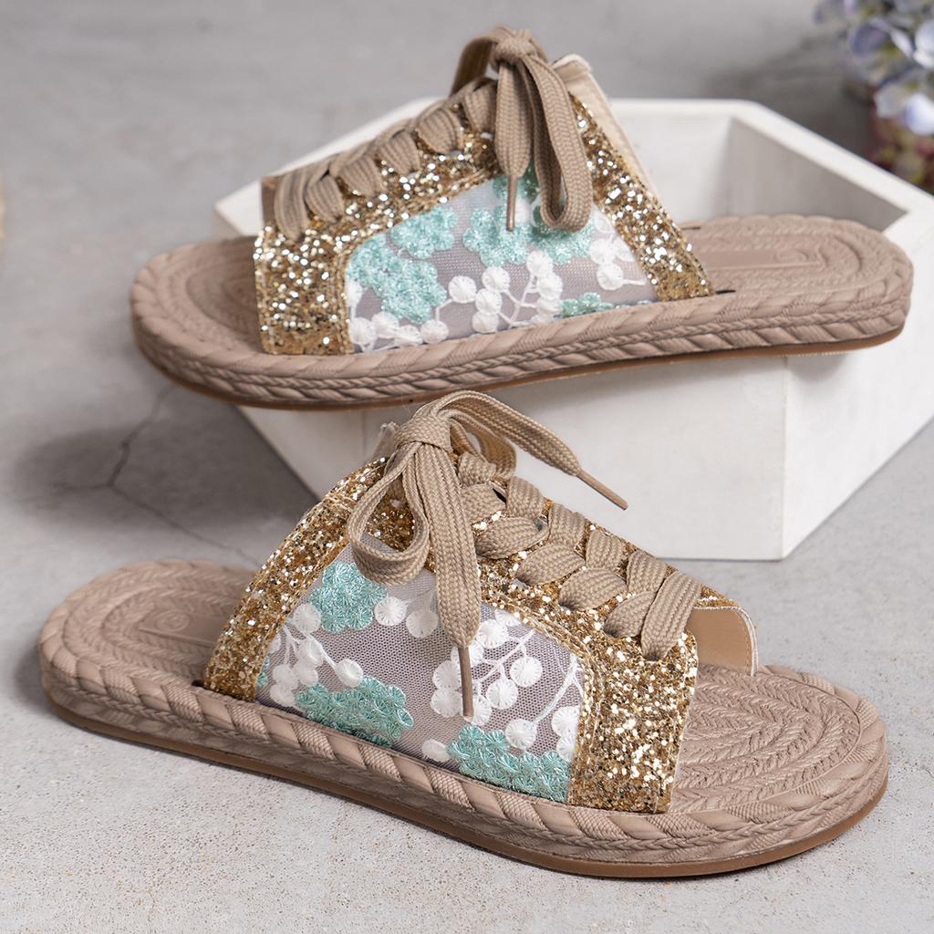Outdoors Non-slip  Summer Open Toe Flat with Slippers Sweet Mesh Lady Casual Comfortable Lace-Up Women's Slippers Large Size