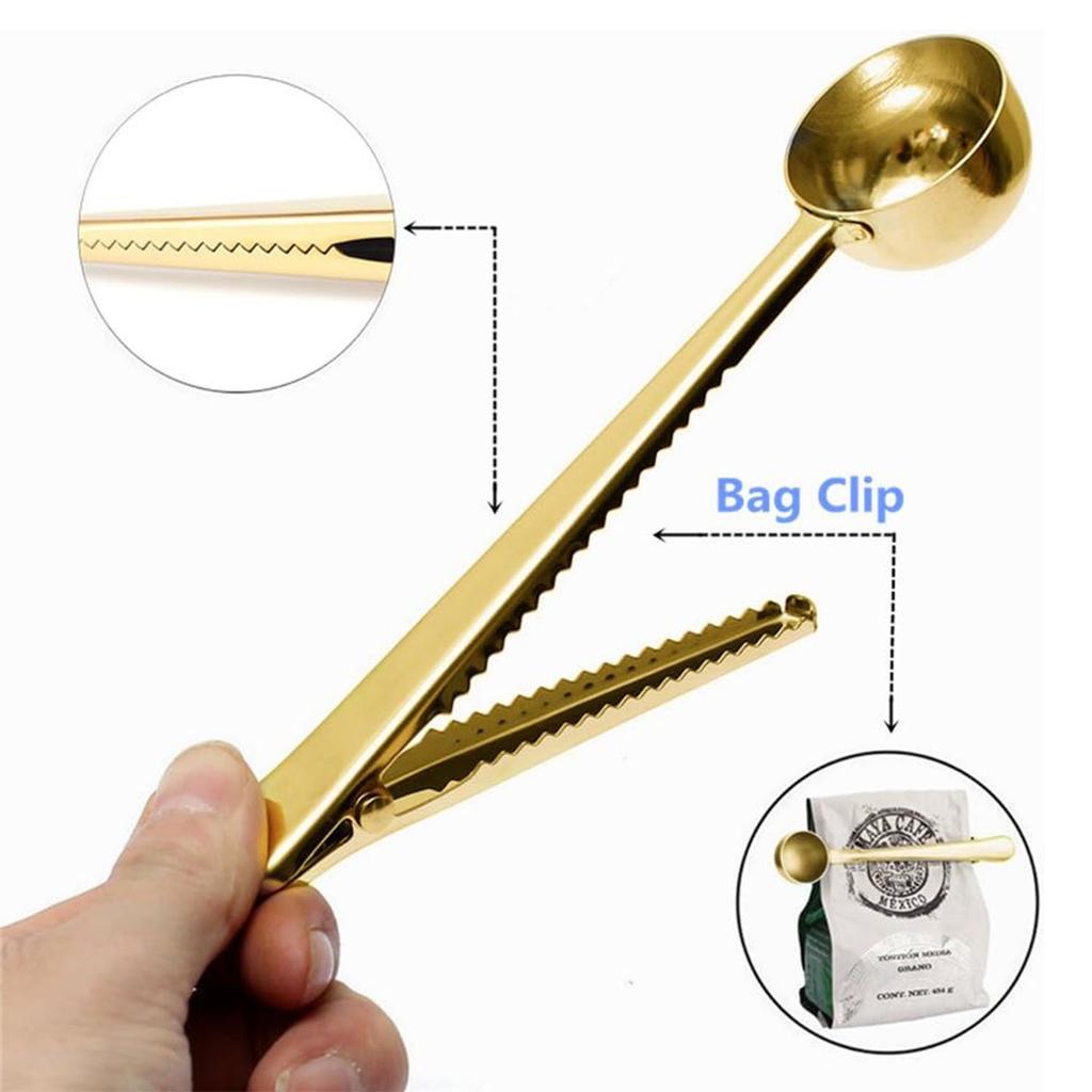 1ks Nerezová multifunkční odměrka na kávu s klipem, Dva v jednom těsnění potravin, Lžíce na sušené mléko, Kuchyňské pomůcky