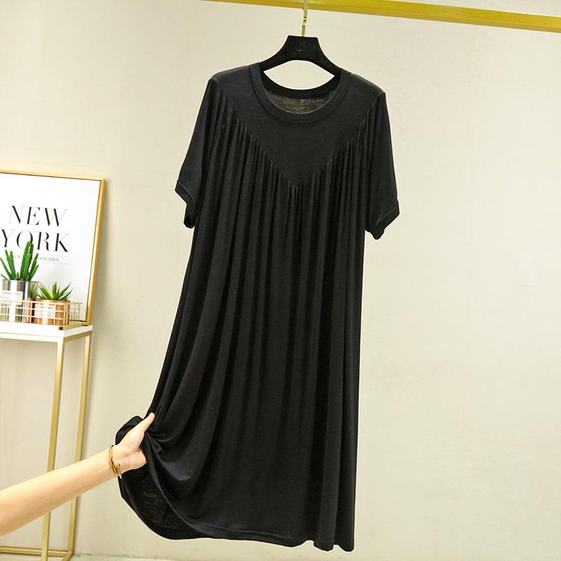 Plus Size Summer Modal Nightdress: Loose, Short-Sleeve V-Neck Pleated Long Home Dress