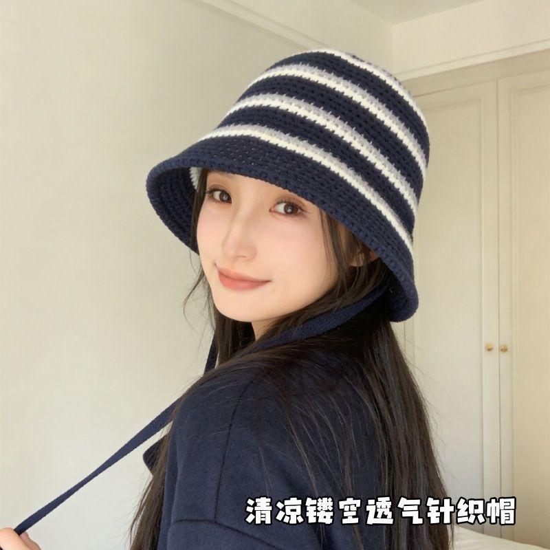 Color knitted hollow breathable bucket hat women's summer outdoor face small sunshade bucket hat women's basin hat