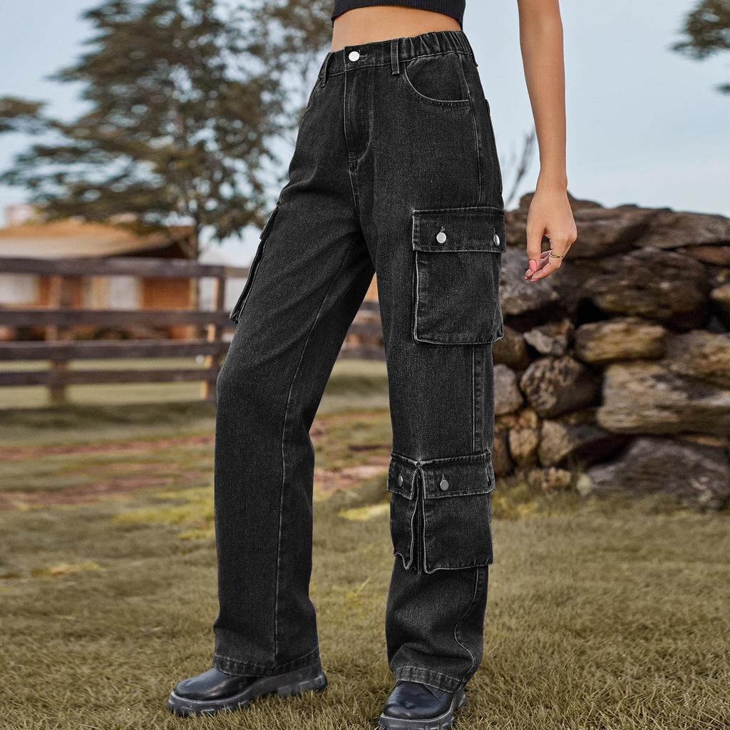 European-American Wash Denim Multi-Pocket Workwear Pants for Women