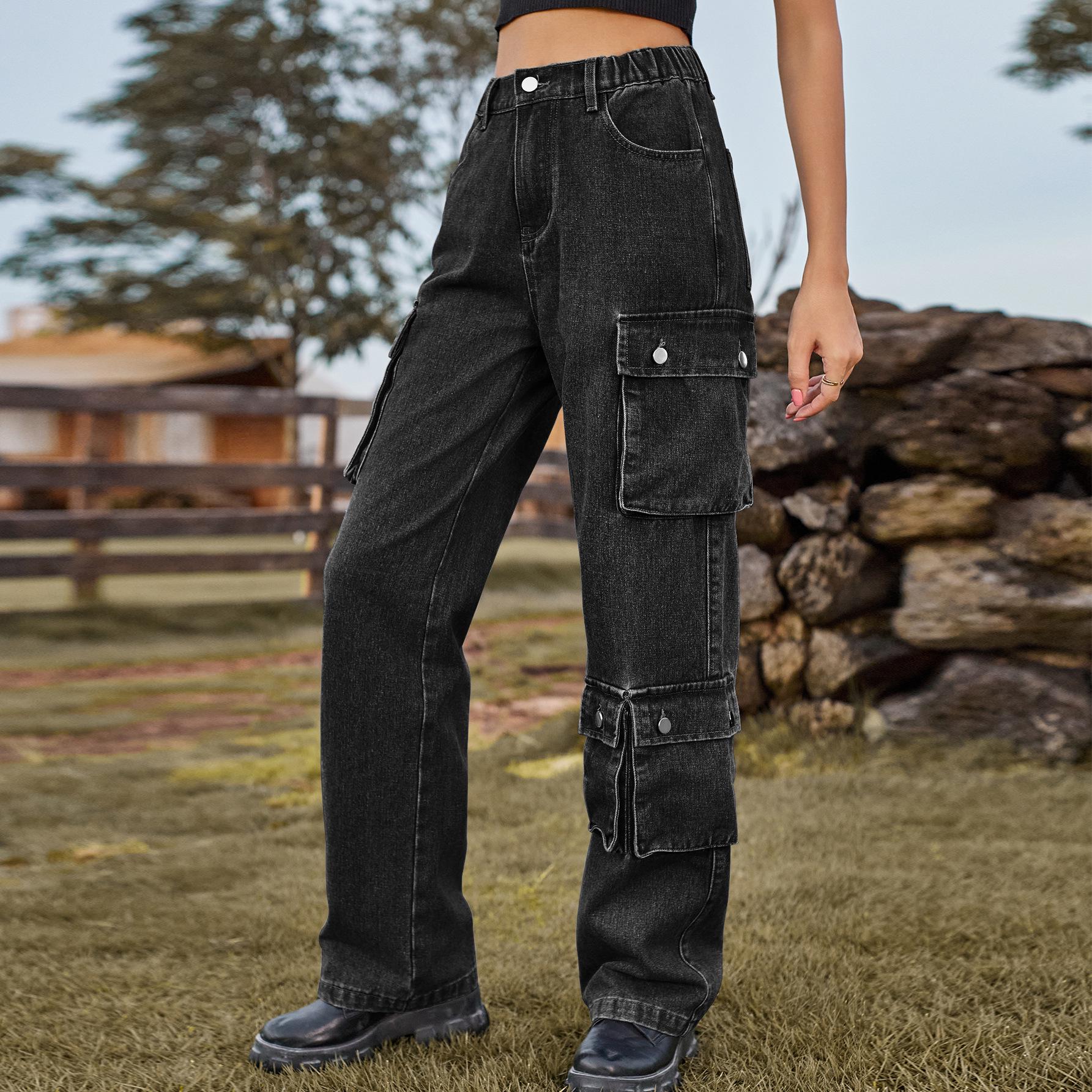 European-American Wash Denim Multi-Pocket Workwear Pants for Women XL