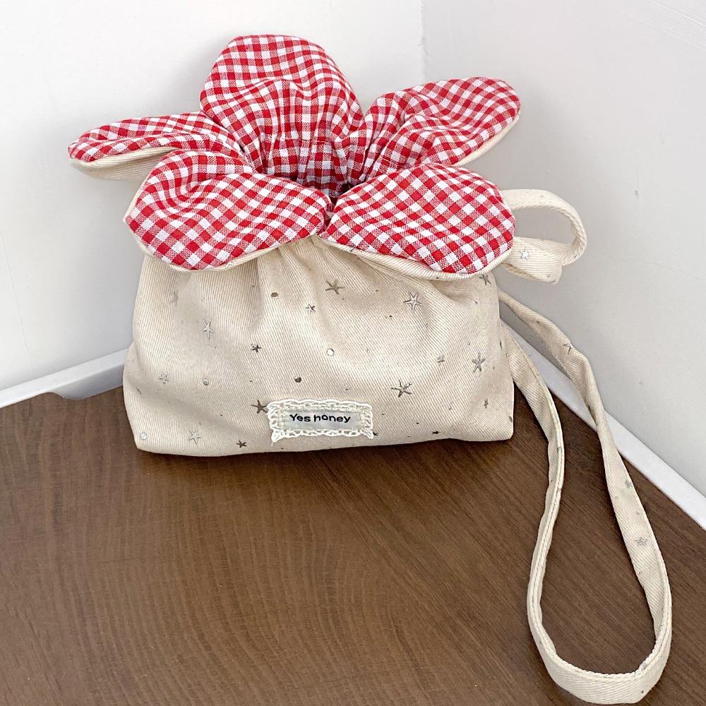 Korean Style Sparkly Star Flower Bag Plaid Flower Handbag Casual Canvas Shoulder Bag  Vacation бежевый